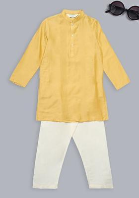 Yellow Self Design Viscose Kurta Set For Boys