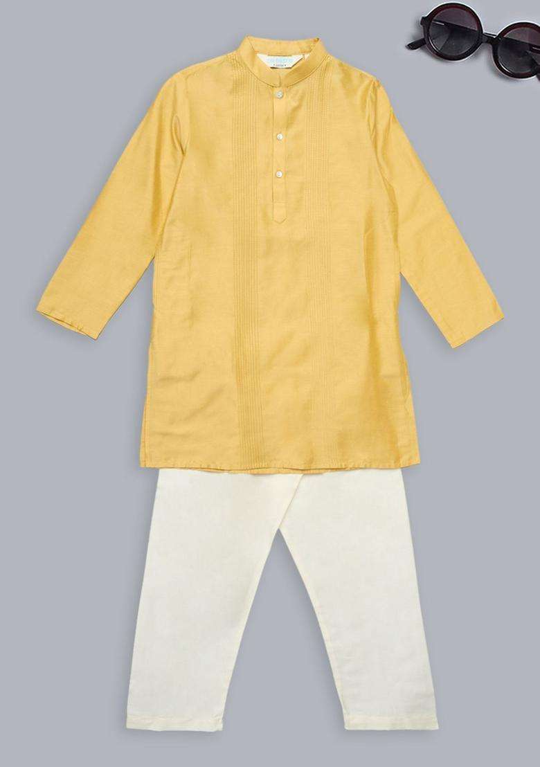 Yellow Self Design Viscose Kurta Set For Boys - Indya