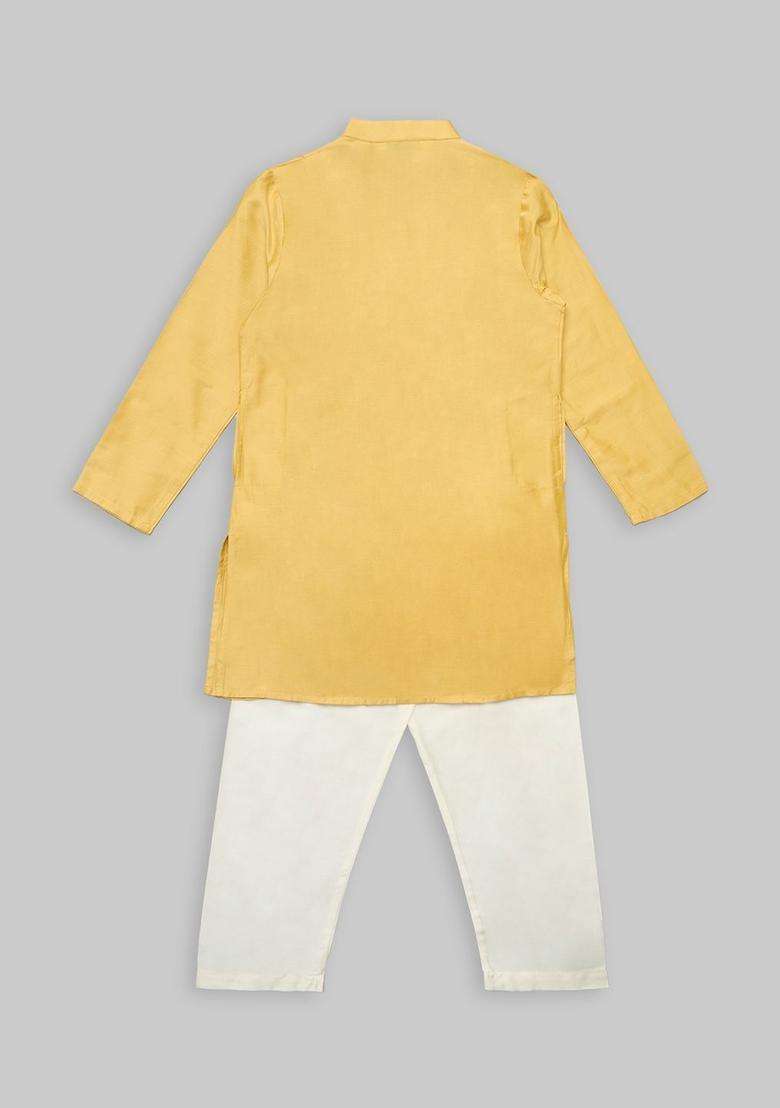 Yellow Self Design Viscose Kurta Set For Boys - Indya