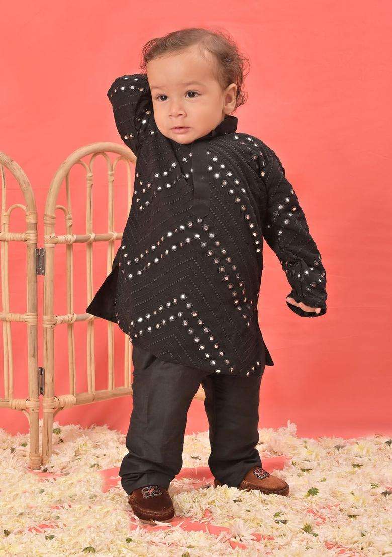 Black Embroidered Georgette Kurta Set For Boys - Indya