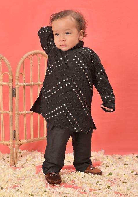 Black Embroidered Georgette Kurta Set For Boys