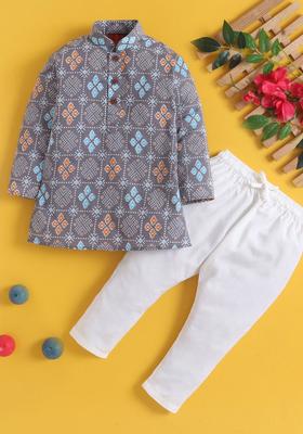 Grey Printed Cotton Kurta Set For Boys