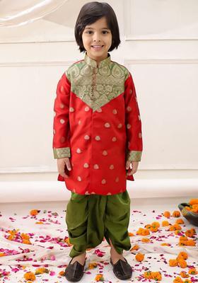 Red Woven Design Silk Kurta Set For Boys
