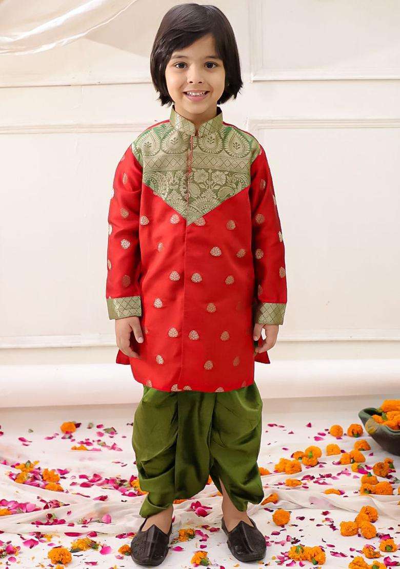 Red Woven Design Silk Kurta Set For Boys - Indya