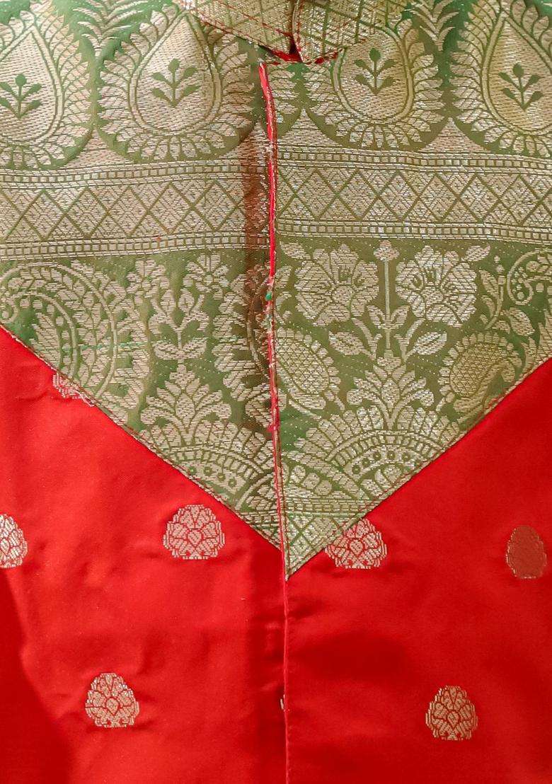 Red Woven Design Silk Kurta Set For Boys - Indya