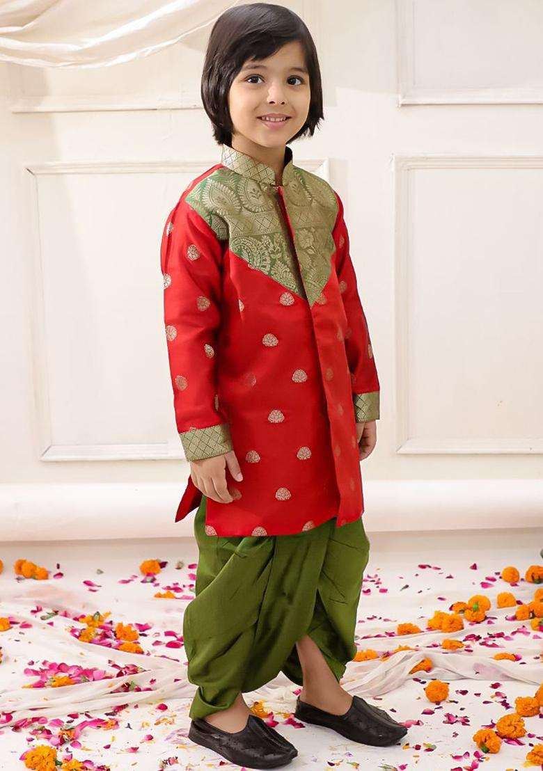 Red Woven Design Silk Kurta Set For Boys - Indya