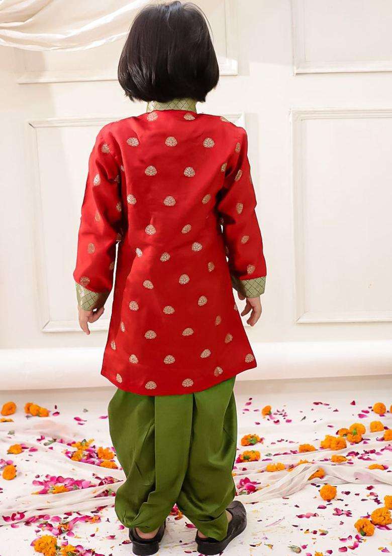 Red Woven Design Silk Kurta Set For Boys - Indya