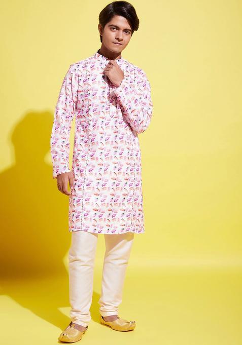 White Printed Cotton Kurta Set For Boys — view on Indya