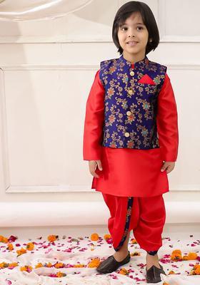 Navy Blue Woven Design Silk Kurta Set For Boys