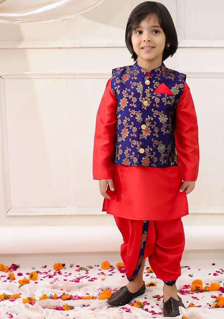 Navy Blue Woven Design Silk Kurta Set For Boys - Indya
