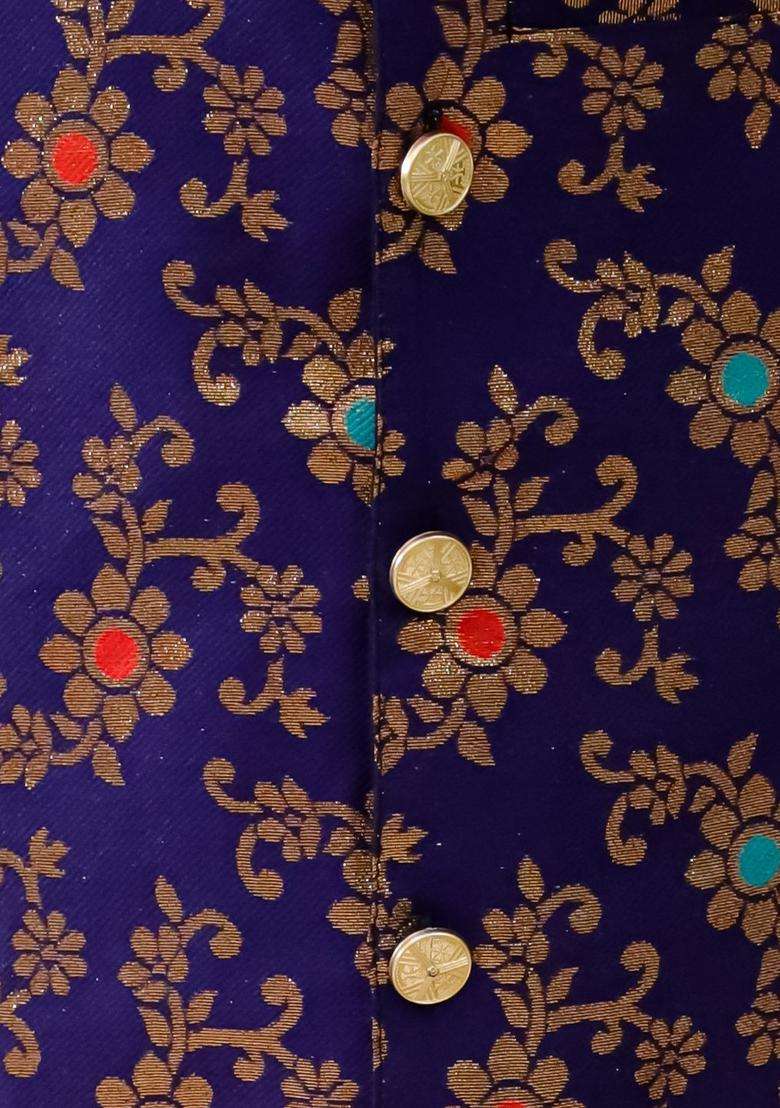 Navy Blue Woven Design Silk Kurta Set For Boys - Indya