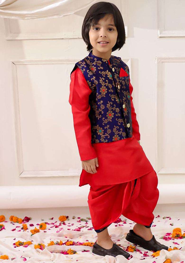 Navy Blue Woven Design Silk Kurta Set For Boys - Indya