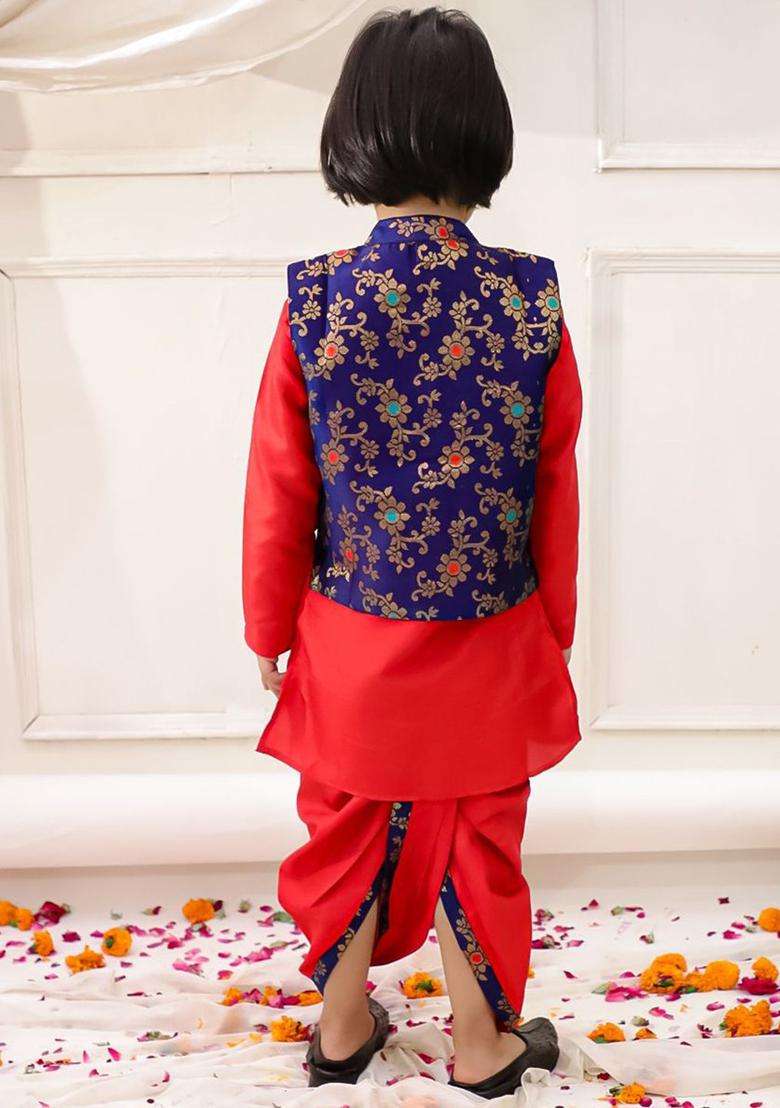 Navy Blue Woven Design Silk Kurta Set For Boys - Indya