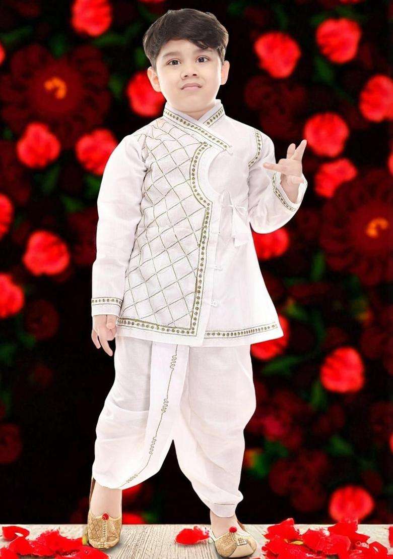 White Embroidered Cotton Kurta Set For Boys - Indya