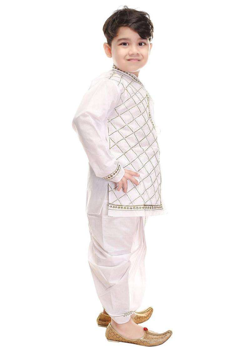 White Embroidered Cotton Kurta Set For Boys - Indya