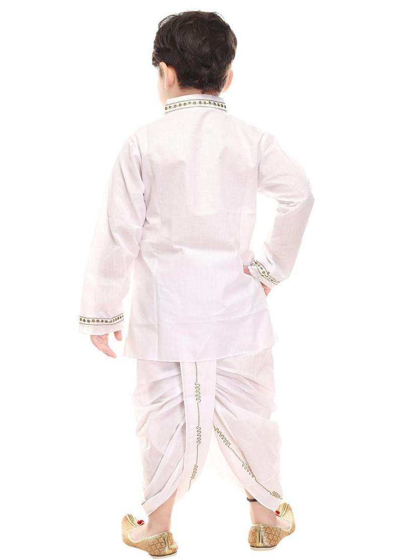 White Embroidered Cotton Kurta Set For Boys - Indya