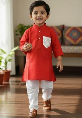 Red Solid Silk Kurta Set For Boys