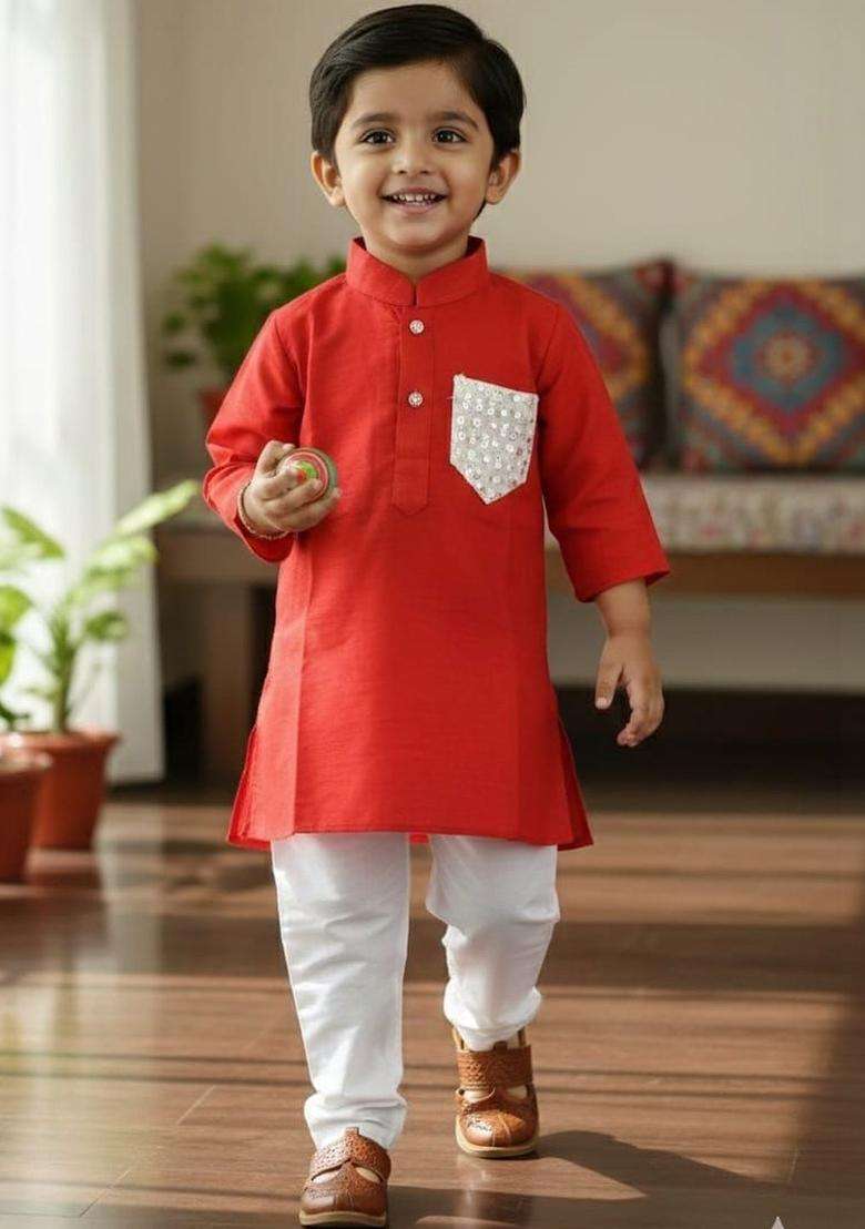 Red Solid Silk Kurta Set For Boys - Indya