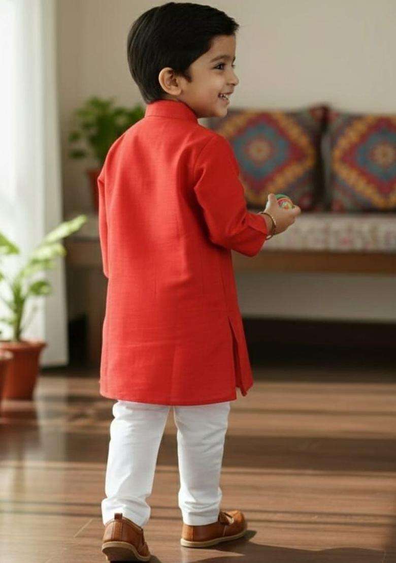 Red Solid Silk Kurta Set For Boys - Indya