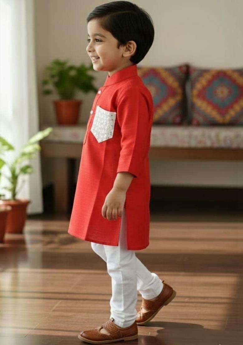 Red Solid Silk Kurta Set For Boys - Indya