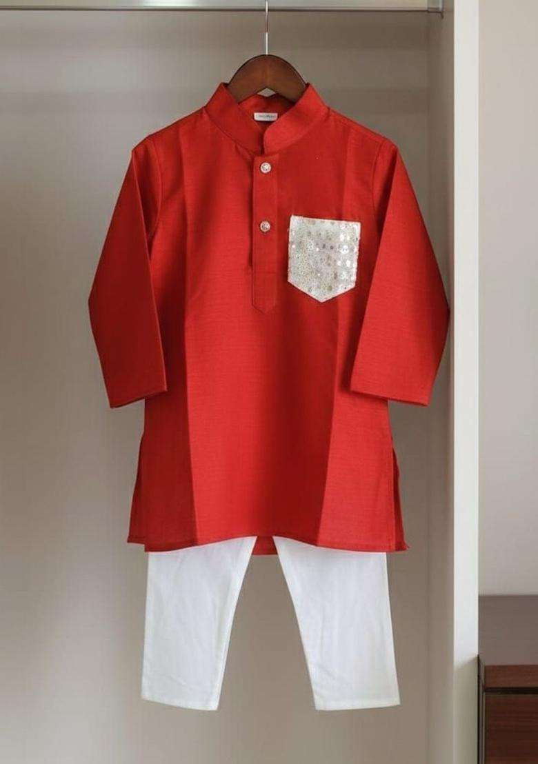 Red Solid Silk Kurta Set For Boys - Indya