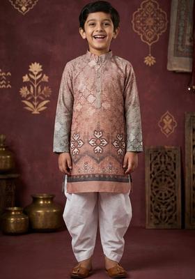 Peach Printed Cotton Kurta Set For Boys