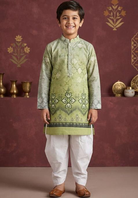 Green Printed Cotton Kurta Set For Boys — view on Indya