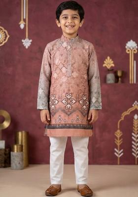 Peach Printed Cotton Kurta Set For Boys