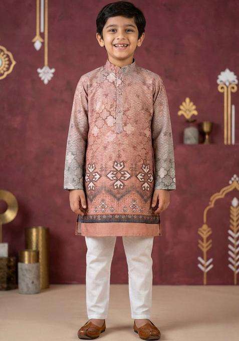 Peach Printed Cotton Kurta Set For Boys