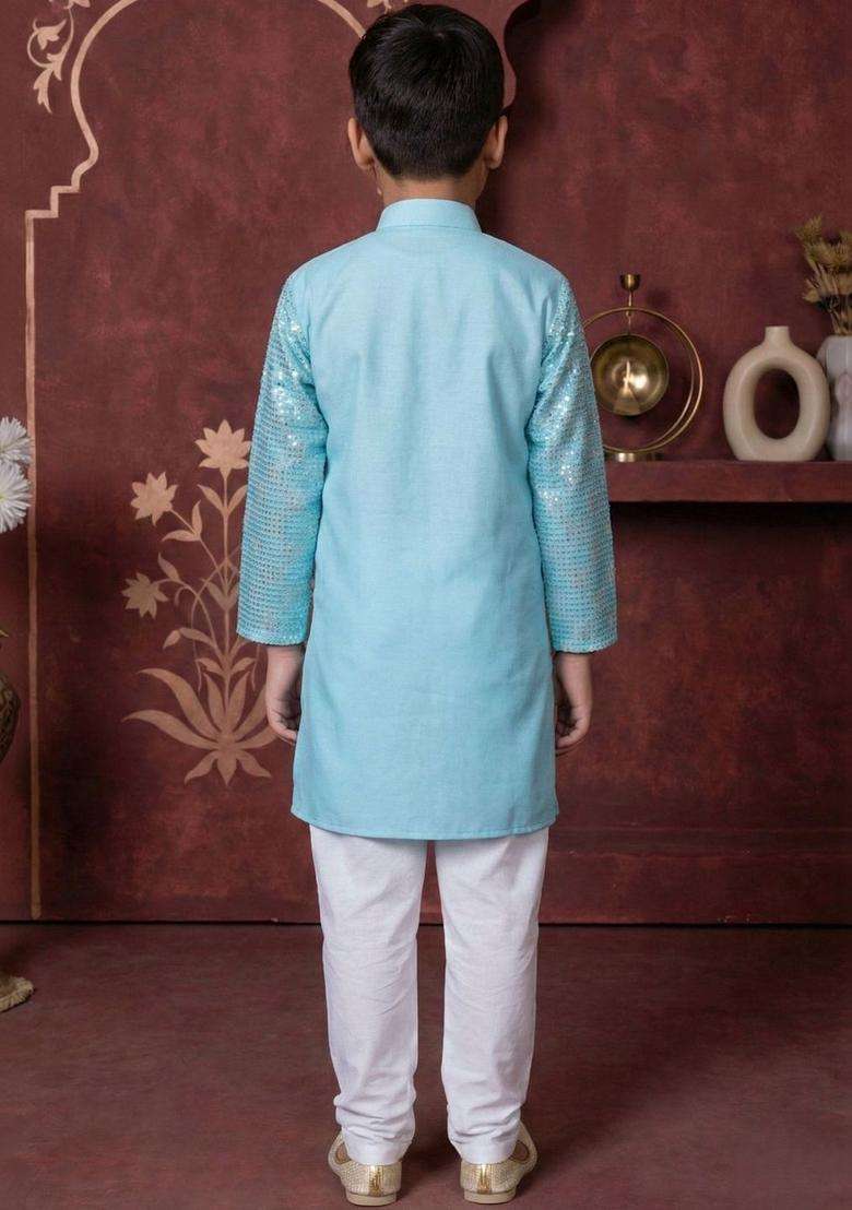 Turquoise Blue Embroidered Silk Kurta Set For Boys - Indya