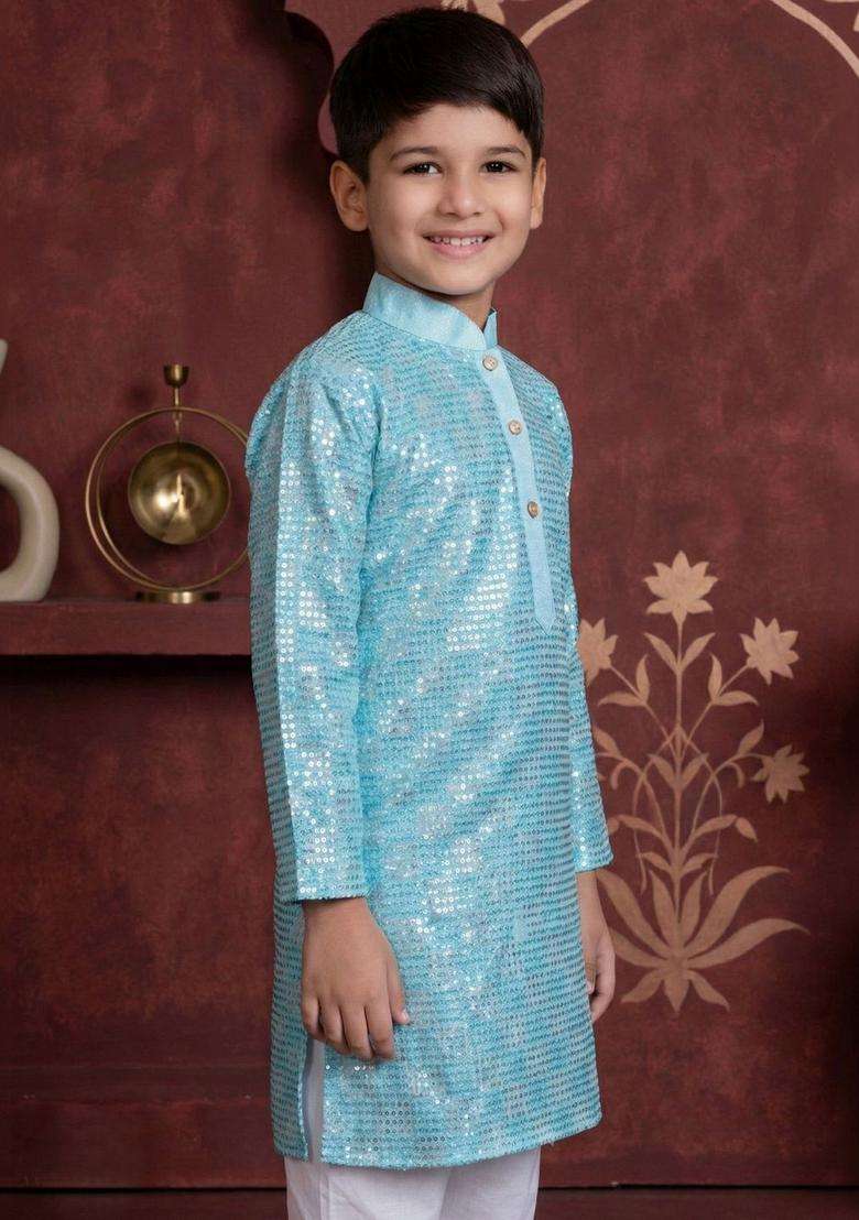 Turquoise Blue Embroidered Silk Kurta Set For Boys - Indya