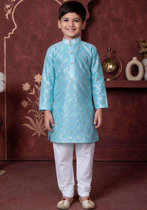 Turquoise Blue Embroidered Silk Kurta Set For Boys