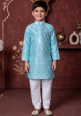 Turquoise Blue Solid Silk Kurta Set For Boys