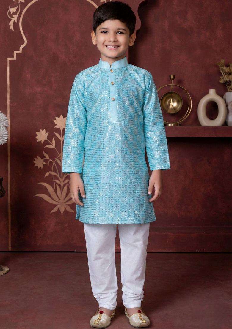 Turquoise Blue Solid Silk Kurta Set For Boys - Indya