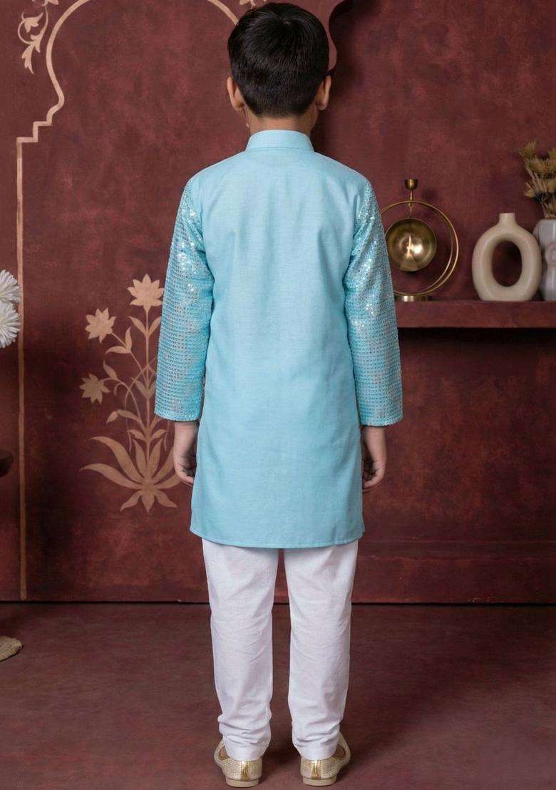 Turquoise Blue Solid Silk Kurta Set For Boys - Indya