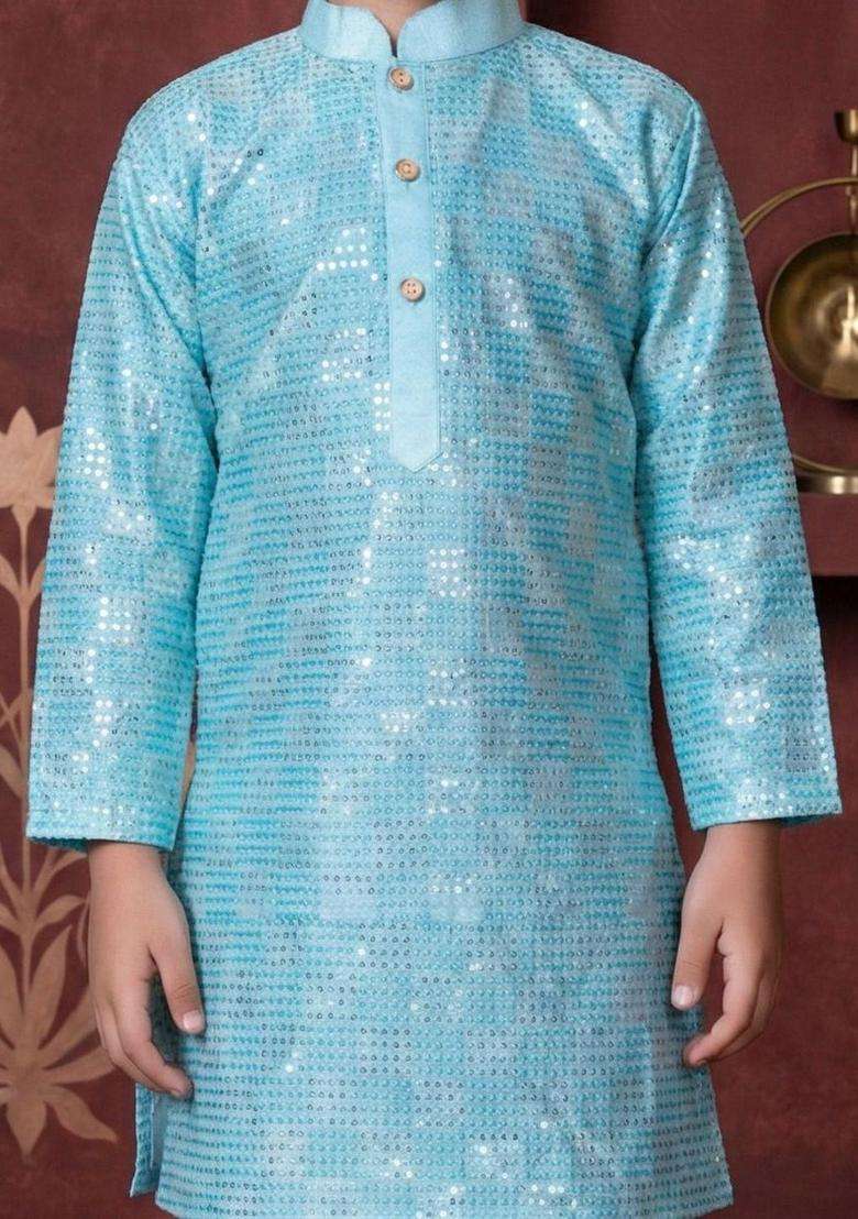 Turquoise Blue Solid Silk Kurta Set For Boys - Indya