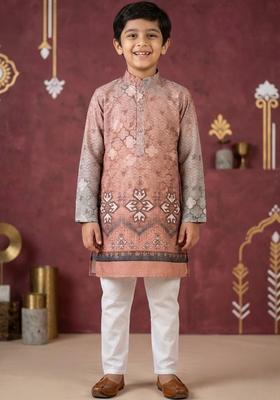Peach Printed Cotton Kurta Set For Boys