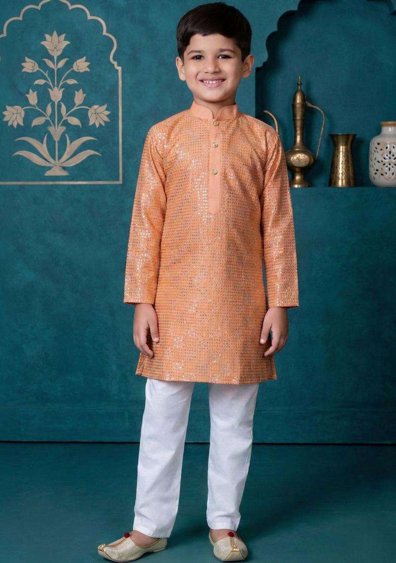 Peach Printed Silk Kurta Set For Boys - Indya