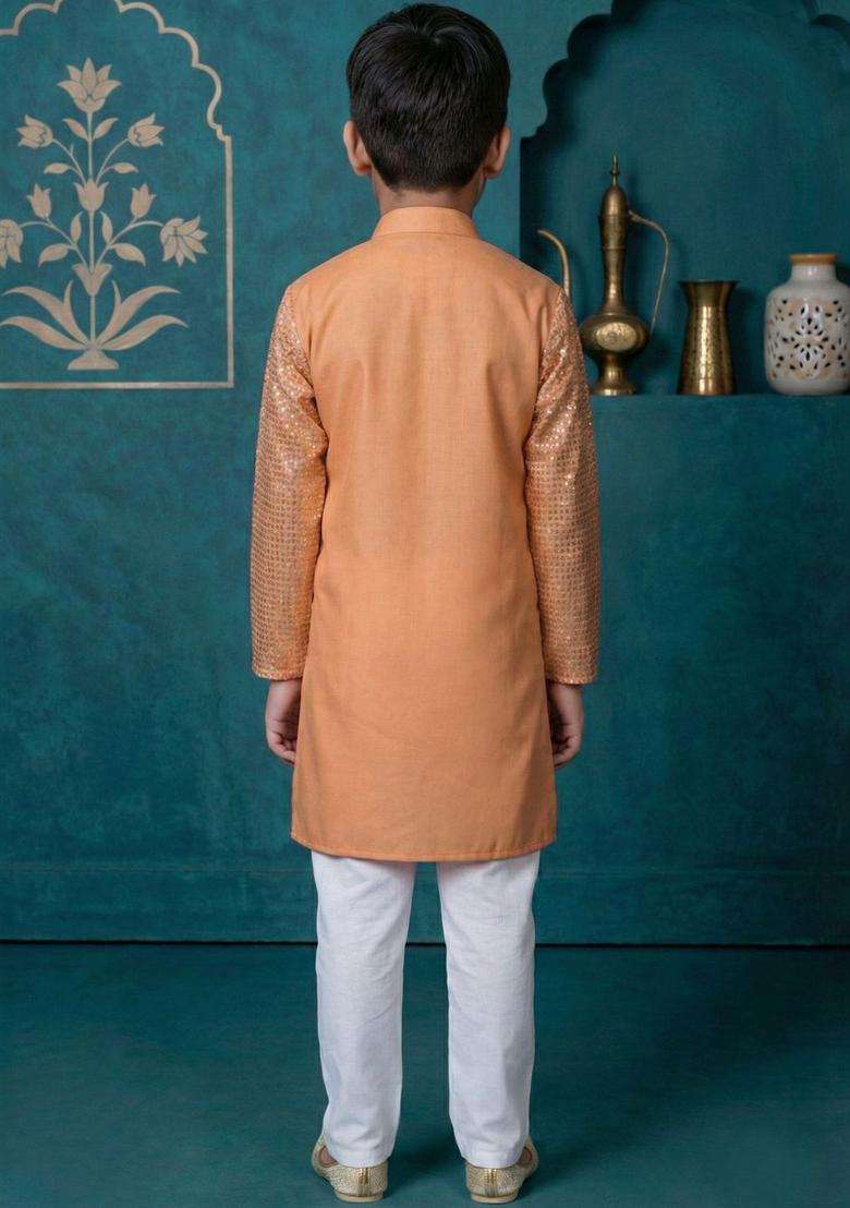 Peach Printed Silk Kurta Set For Boys - Indya