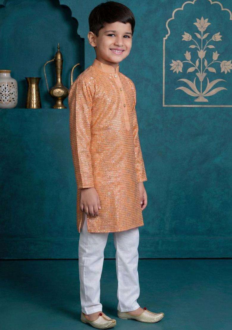 Peach Printed Silk Kurta Set For Boys - Indya