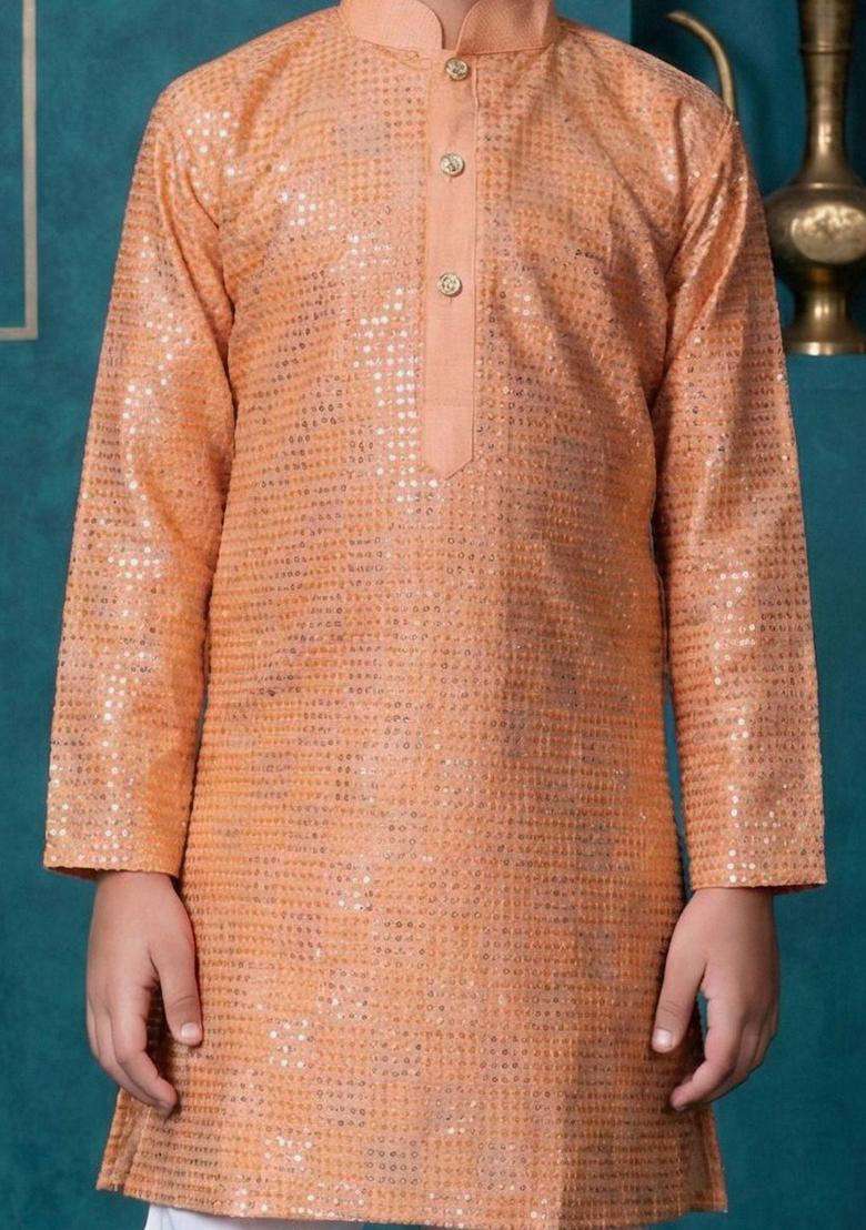 Peach Printed Silk Kurta Set For Boys - Indya