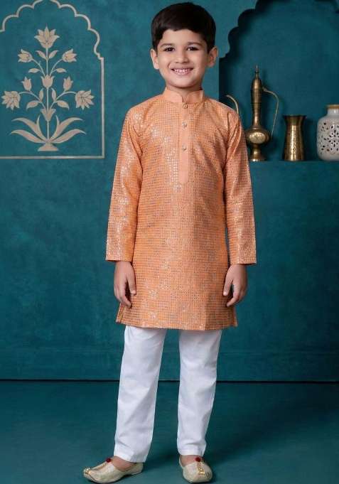 Peach Printed Silk Kurta Set For Boys
