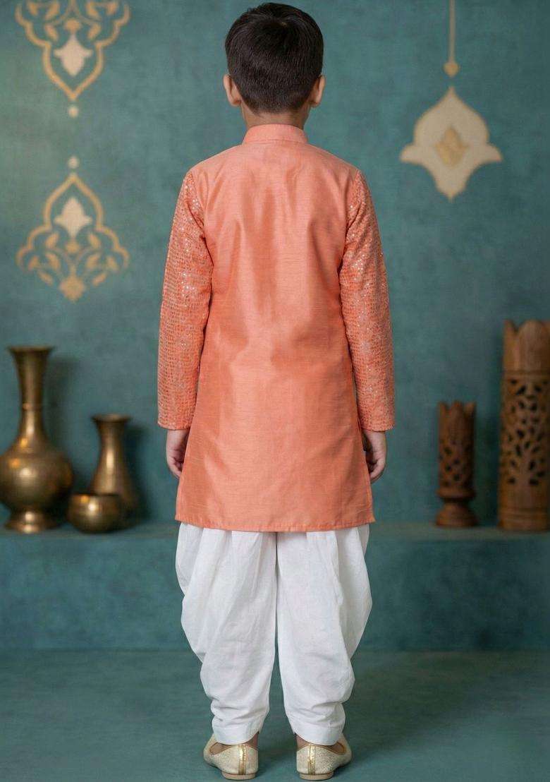 Peach Embroidered Silk Kurta Set For Boys - Indya
