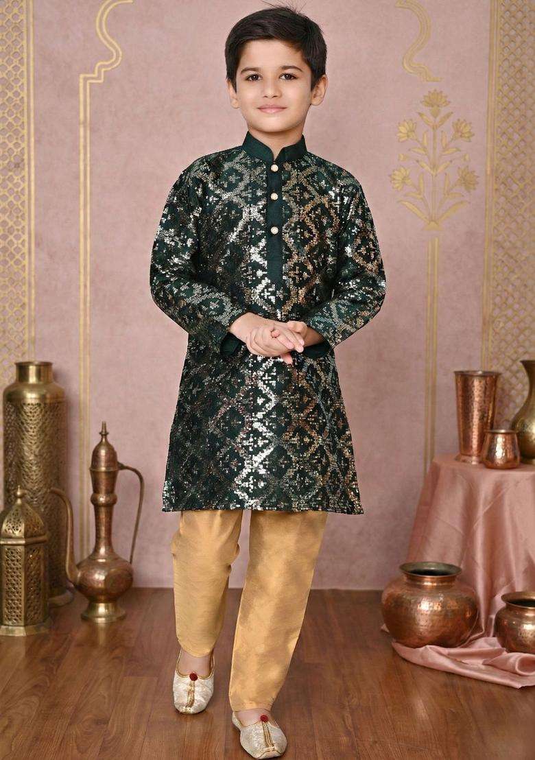 Green Embroidered Silk Kurta Set For Boys - Indya
