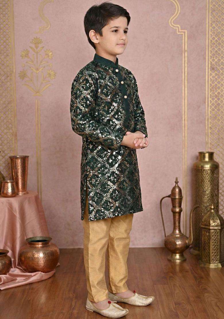Green Embroidered Silk Kurta Set For Boys - Indya
