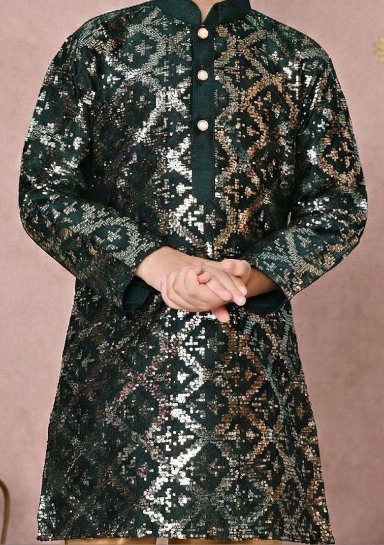 Green Embroidered Silk Kurta Set For Boys - Indya