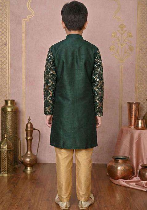 Green Embroidered Silk Kurta Set For Boys
