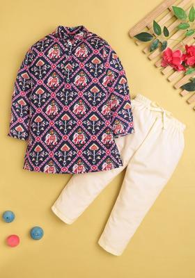 Navy Blue Printed Cotton Kurta Set For Boys