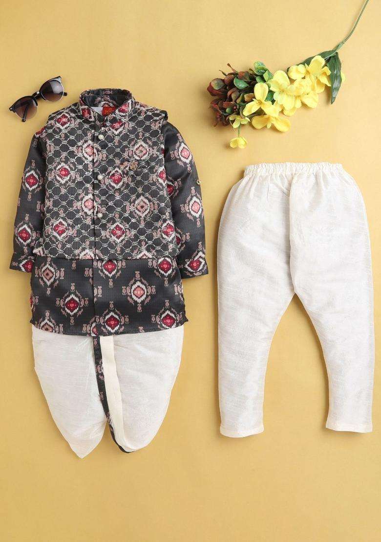 Grey Self Design Silk Kurta Set For Boys - Indya