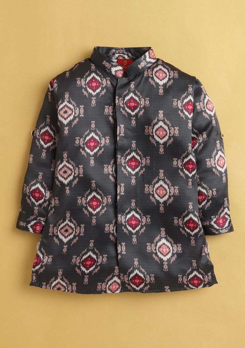 Grey Self Design Silk Kurta Set For Boys - Indya